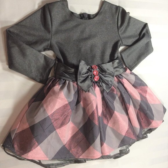 Toddler Grey/Pink Sparkle Formal Long Sleeve Dress w/ Bow & Faceted Buttons - Picture 1 of 3